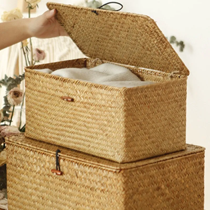 4 Pack, Wicker Baskets with Lids, Nautral Seagrass Storage Baskets, Woven Rectangular Basket Bins, Rattan Storage Organizer for Shelf Honey Brown