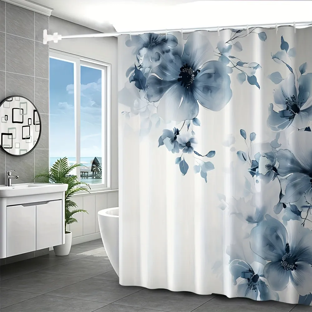 4pcs White Floral Bathroom Curtains, Digital 3D Printing Waterproof Bathroom Curtain Set, Bathroom Curtains Without Perforations