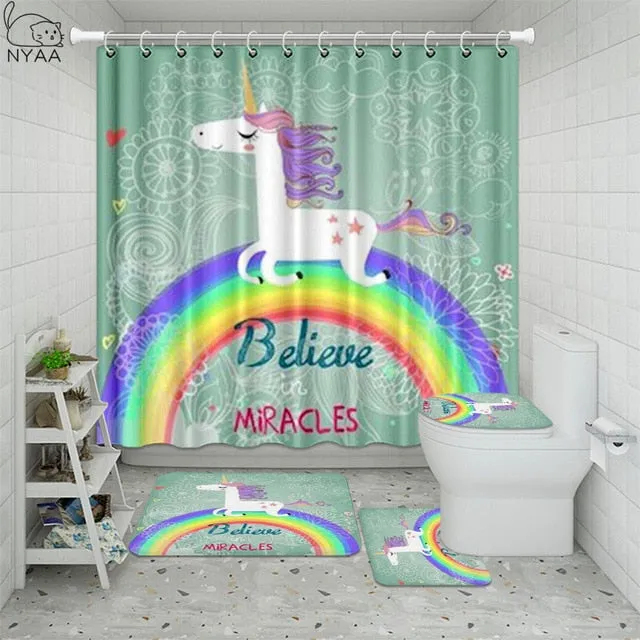 Cute Unicorn Farting Rainbow Funny Shower Curtain Sets Non-Slip Rugs Toilet Lid Cover and Bath Mat Waterproof Bathroom Curtains