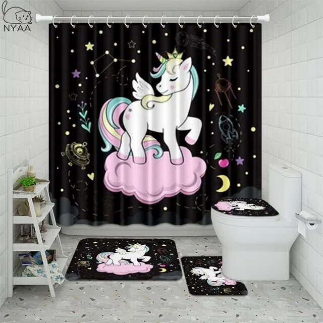 Cute Unicorn Farting Rainbow Funny Shower Curtain Sets Non-Slip Rugs Toilet Lid Cover and Bath Mat Waterproof Bathroom Curtains