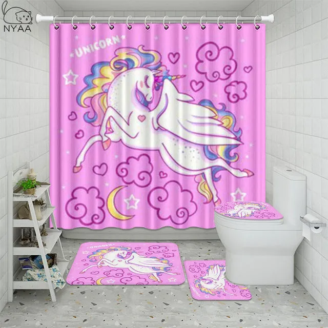 Cute Unicorn Farting Rainbow Funny Shower Curtain Sets Non-Slip Rugs Toilet Lid Cover and Bath Mat Waterproof Bathroom Curtains