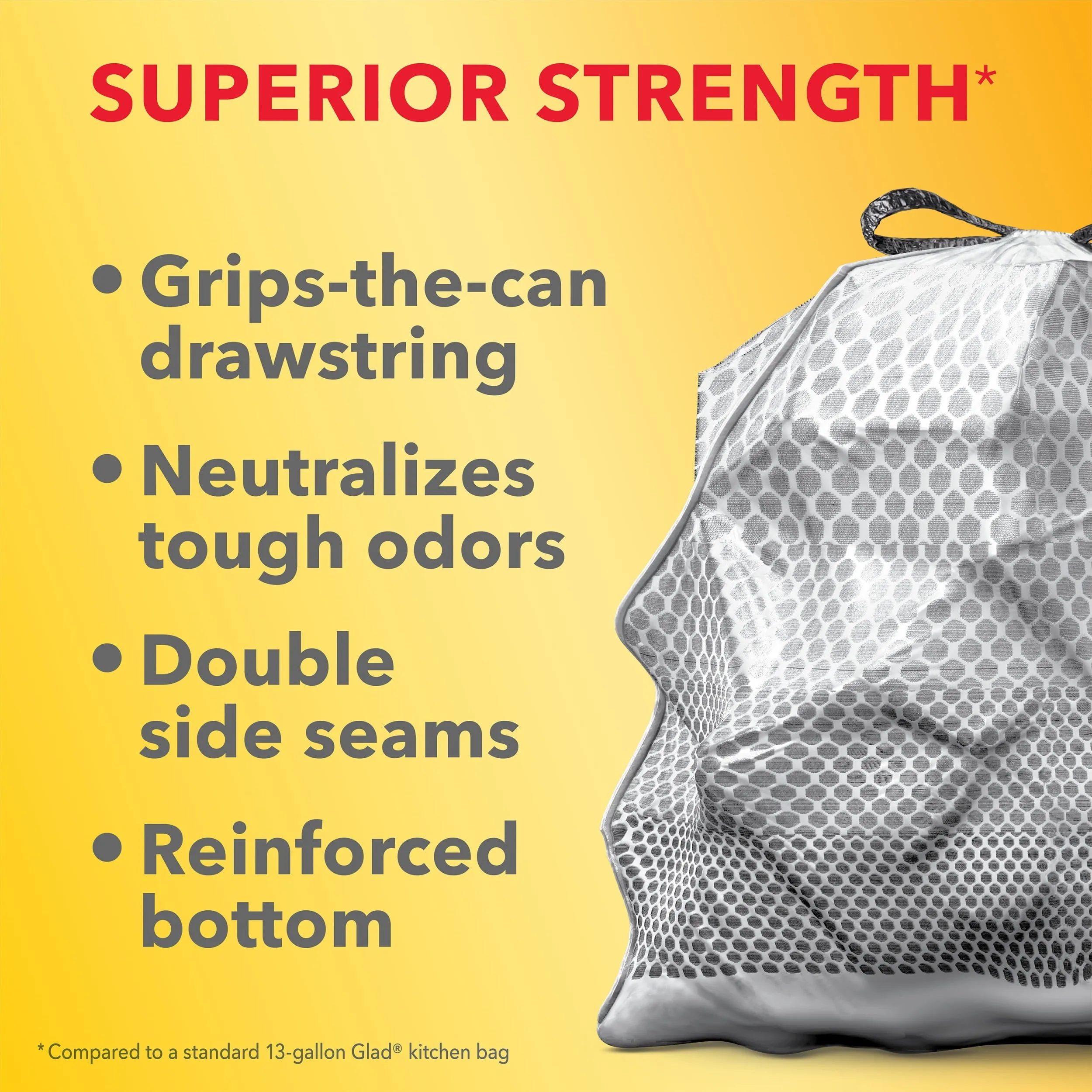 Glad ForceFlex MaxStrength with Clorox 13 Gallon Kitchen Trash Bags, Lemon Fresh Bleach, 20 Bags