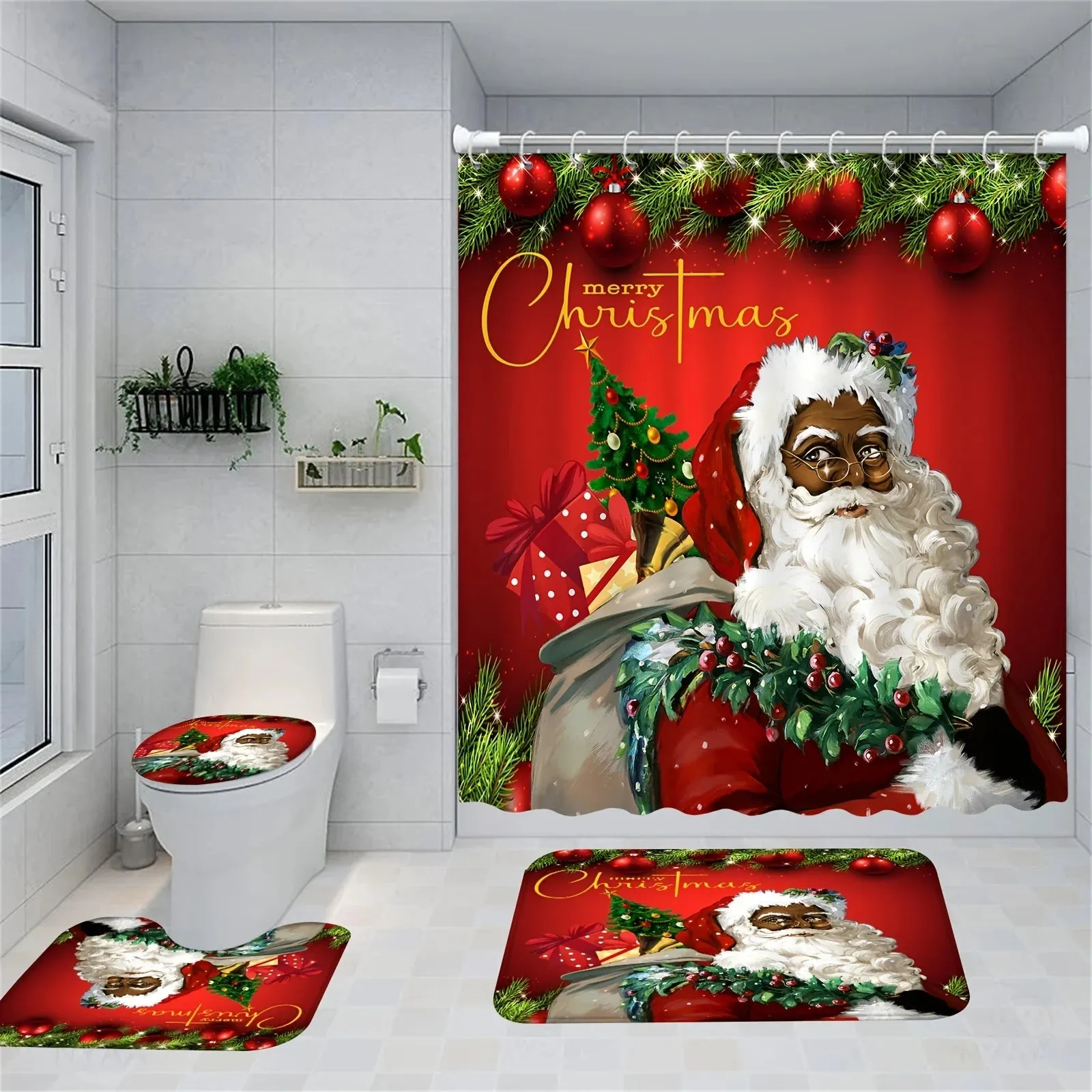 Navidad Merry Christmas Tree Shower Curtain Set Waterproof Polyester Xmas Bath Curtain and Toilet Floor Mat with Free 12 Hooks