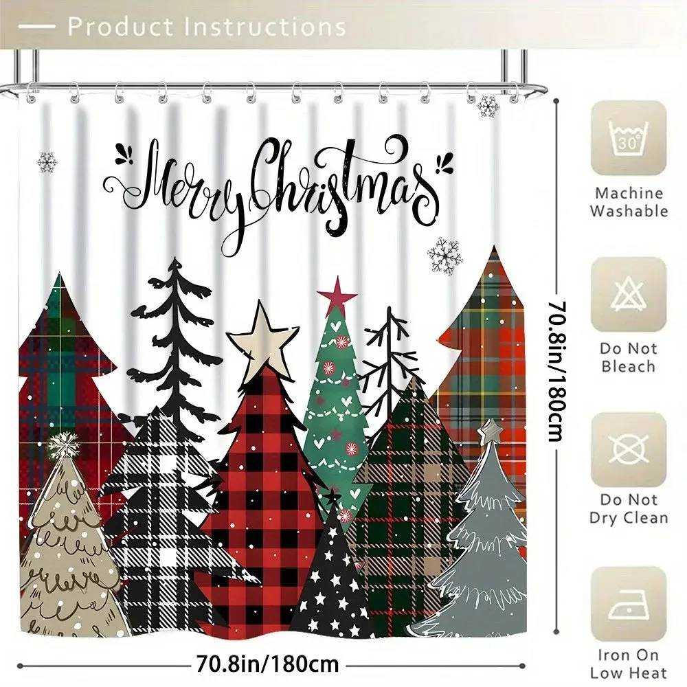 Navidad Merry Christmas Tree Shower Curtain Set Waterproof Polyester Xmas Bath Curtain and Toilet Floor Mat with Free 12 Hooks