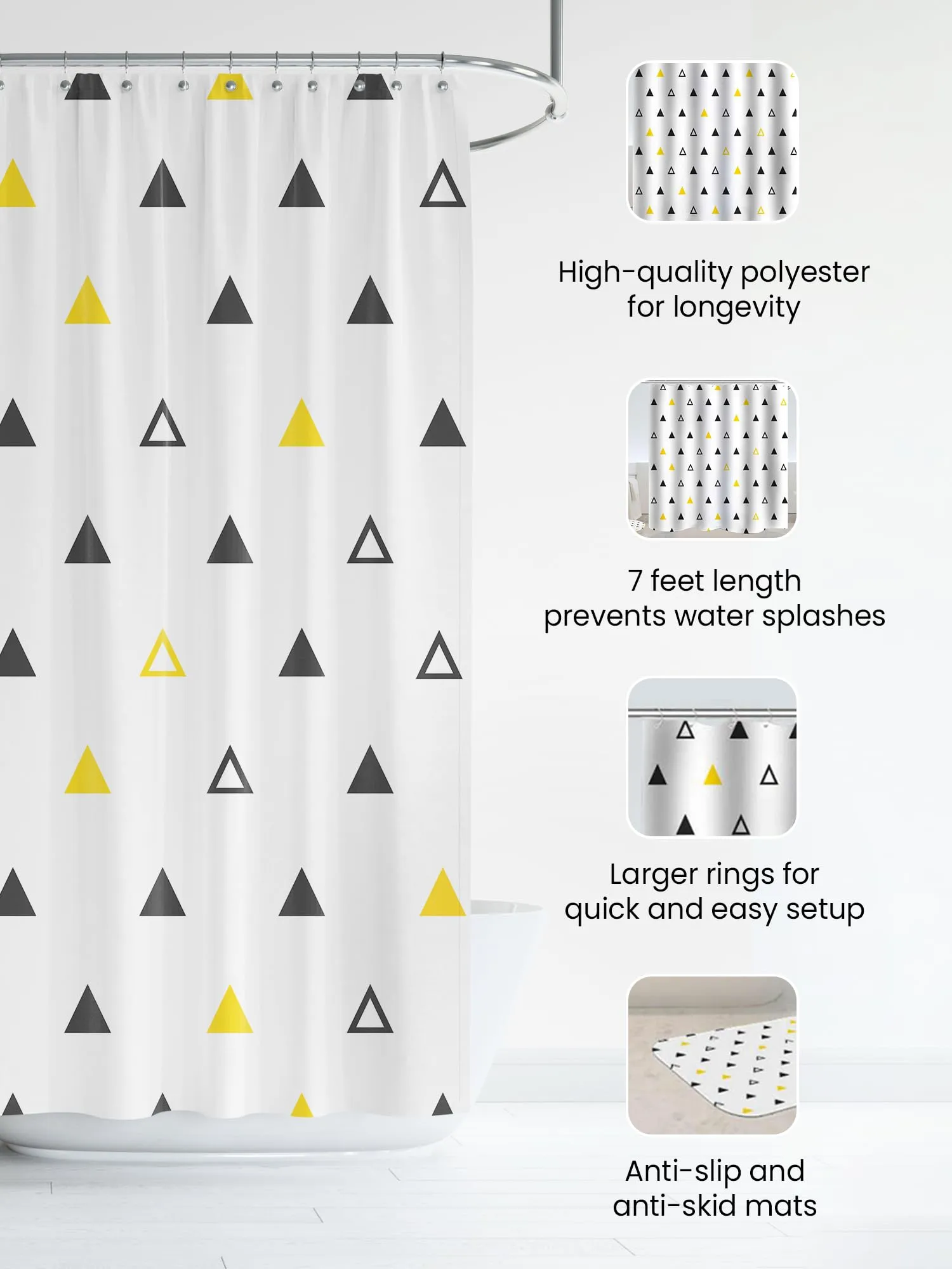 SAVYA HOME Shower Curtain (1) & Bathroom Mat (2) Set, Shower Curtains for Bathroom I, Waterproof Fabric I Anti Skid Mat for Bathroom Floor I Yellow Black Triangle, Pack of 3